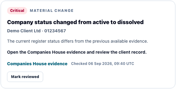 CompanyGuard material-change action showing before-and-after status in its summary, source link and retrieval time